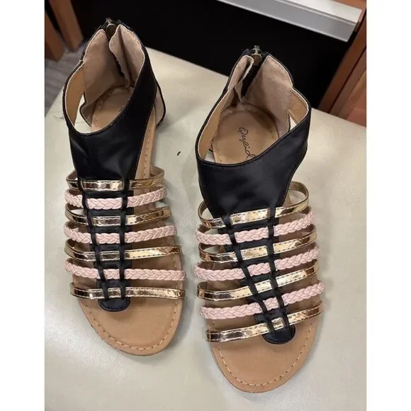 Qupid Gladiator Sandals Women's 6.5 Black Gold Pink Braided Flat Zip - Picture 2 of 7